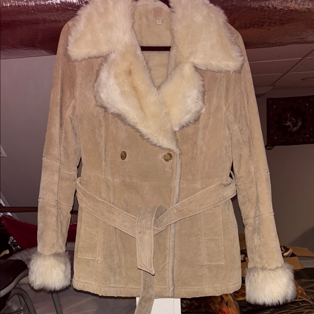 Wilsons Leather Beige Suede Pea Coat With Faux Fur